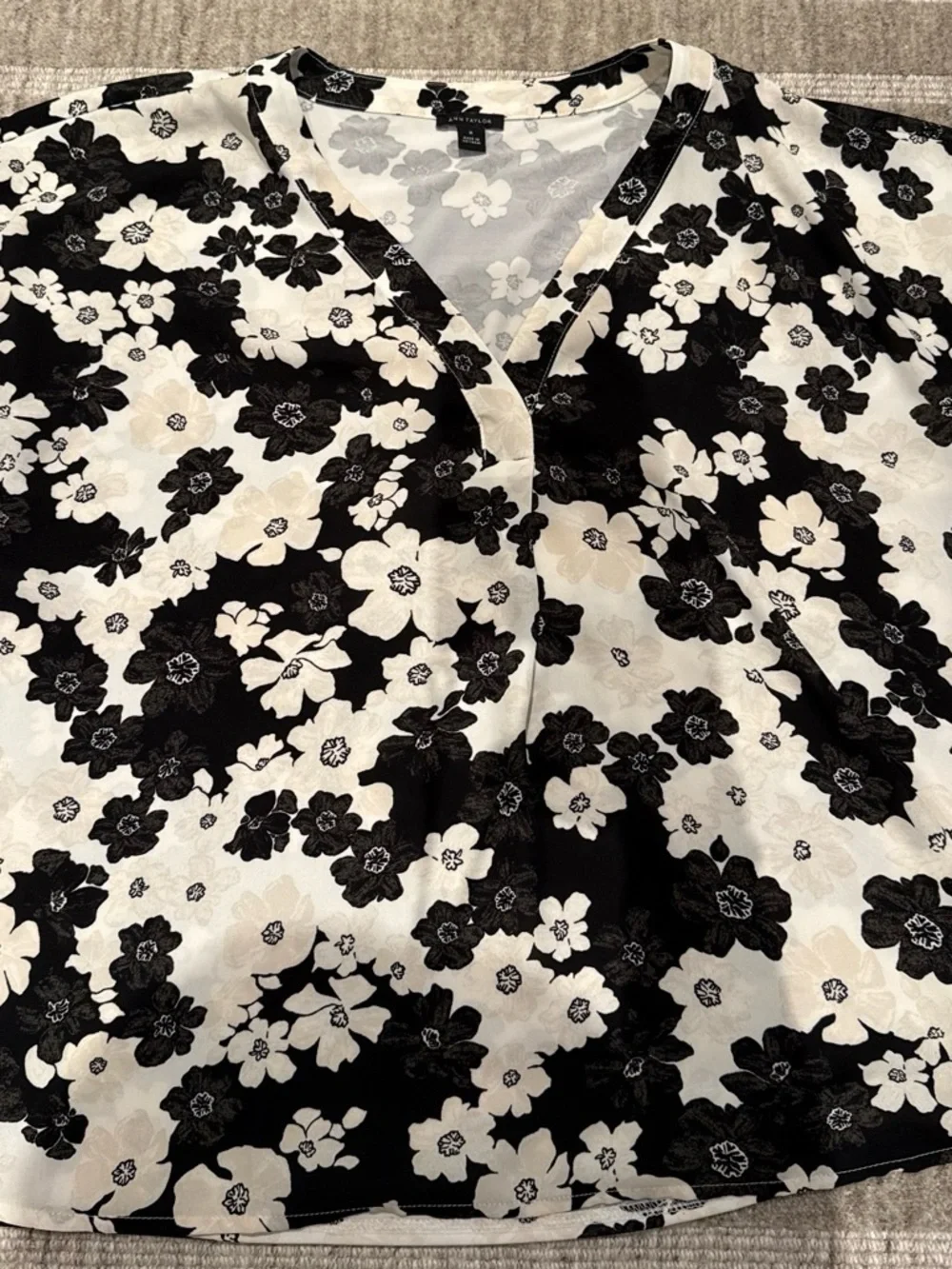 Ann Taylor Black and Cream Floral Wrap Blouse